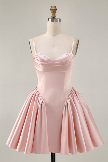 Blush A-Line Spaghetti Straps Satin Homecoming Dress